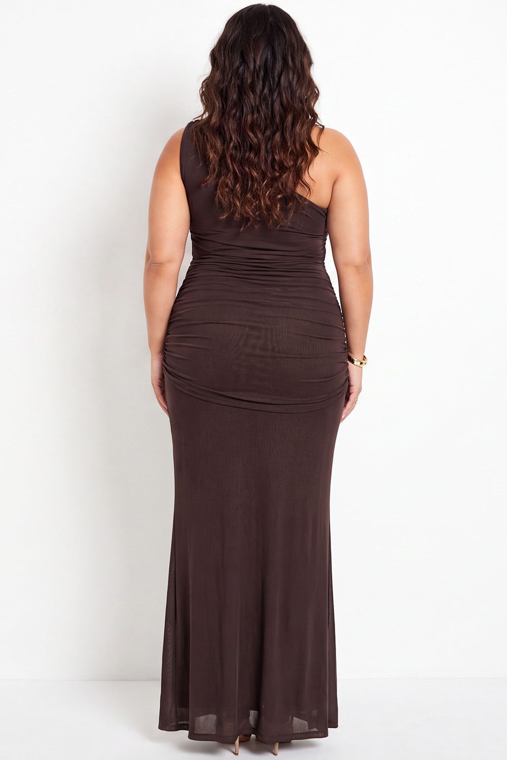 Brown One Shoulder Ruched Maxi Formal Dress with Side Slit