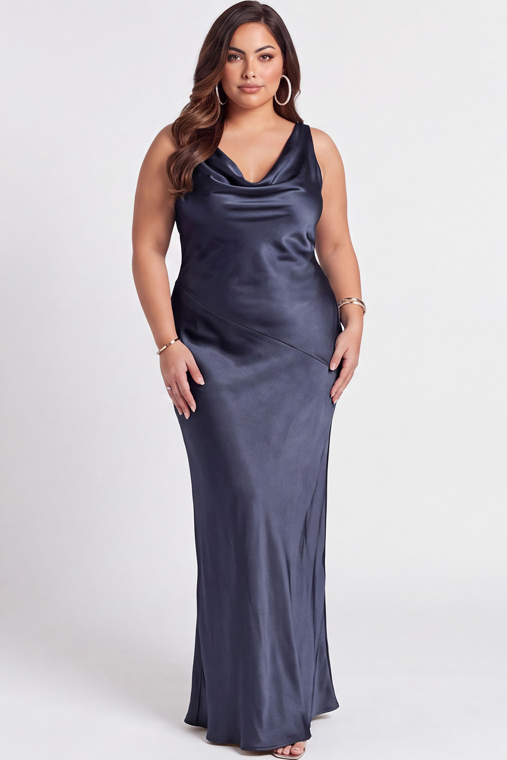 Blush Pink Satin Mermaid Cowl Neck Maxi Bridesmaid Dress
