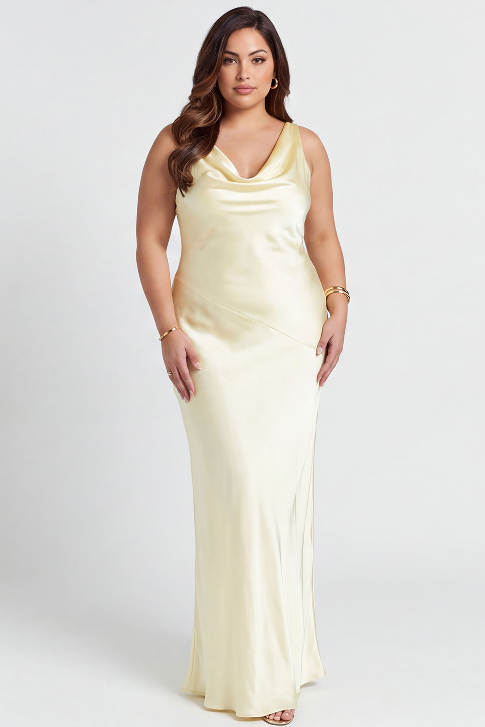 Blush Pink Satin Mermaid Cowl Neck Maxi Bridesmaid Dress