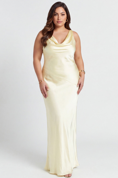 Blush Pink Satin Mermaid Cowl Neck Maxi Bridesmaid Dress