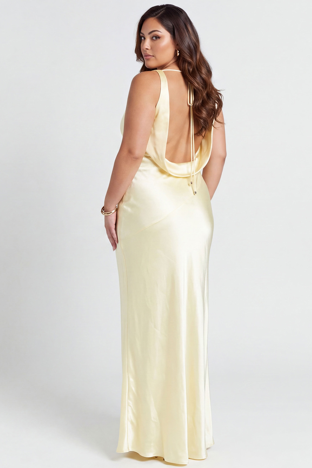 Blush Pink Satin Mermaid Cowl Neck Maxi Bridesmaid Dress