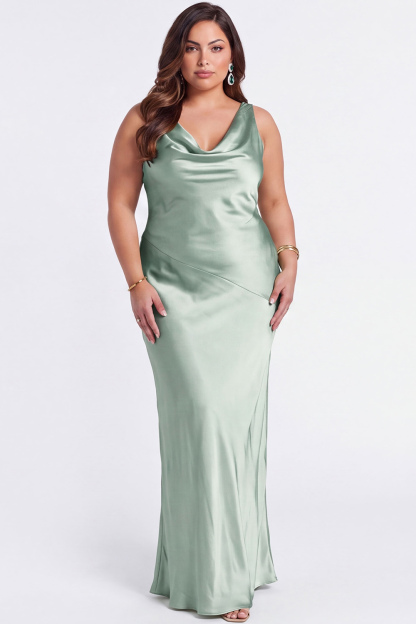 Blush Pink Satin Mermaid Cowl Neck Maxi Bridesmaid Dress