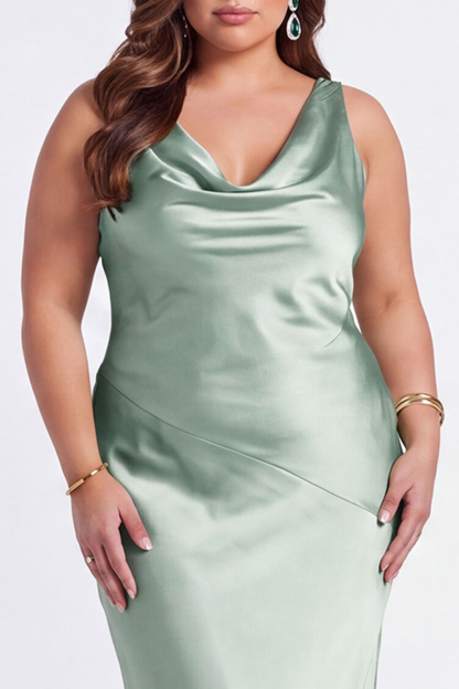 Blush Pink Satin Mermaid Cowl Neck Maxi Bridesmaid Dress