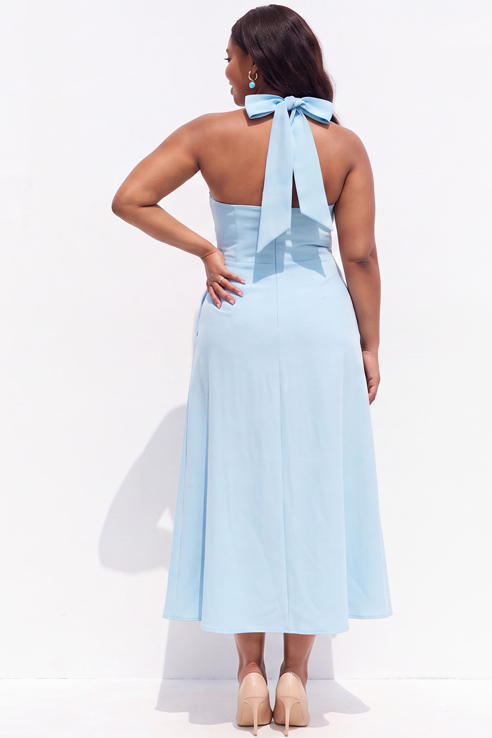 Light Blue A-Line Halter Midi Plus Size Bridesmaid Dress