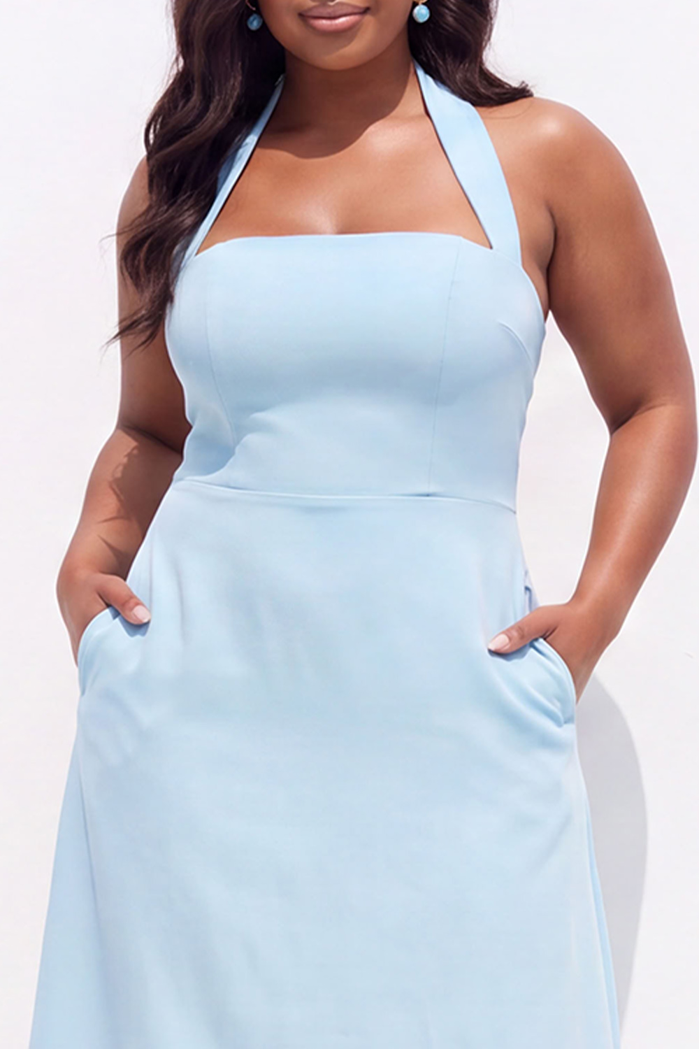 Light Blue A-Line Halter Midi Plus Size Bridesmaid Dress