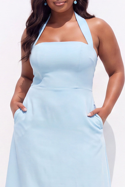 Light Blue A-Line Halter Midi Plus Size Bridesmaid Dress