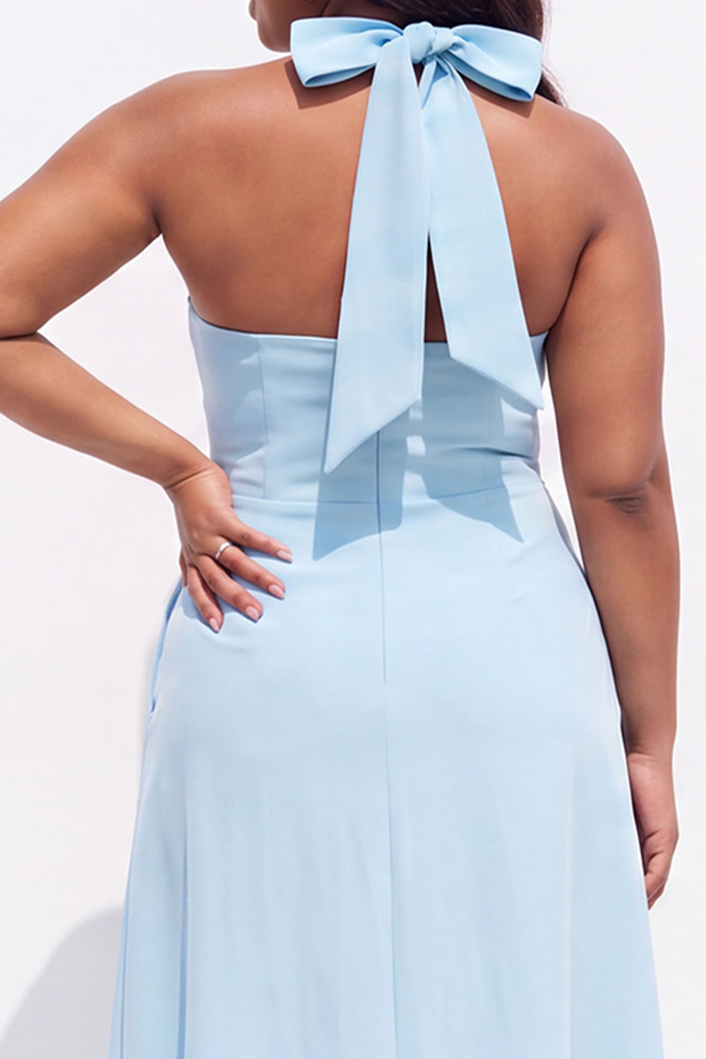 Light Blue A-Line Halter Midi Plus Size Bridesmaid Dress