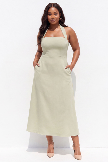 Light Blue A-Line Halter Midi Plus Size Bridesmaid Dress