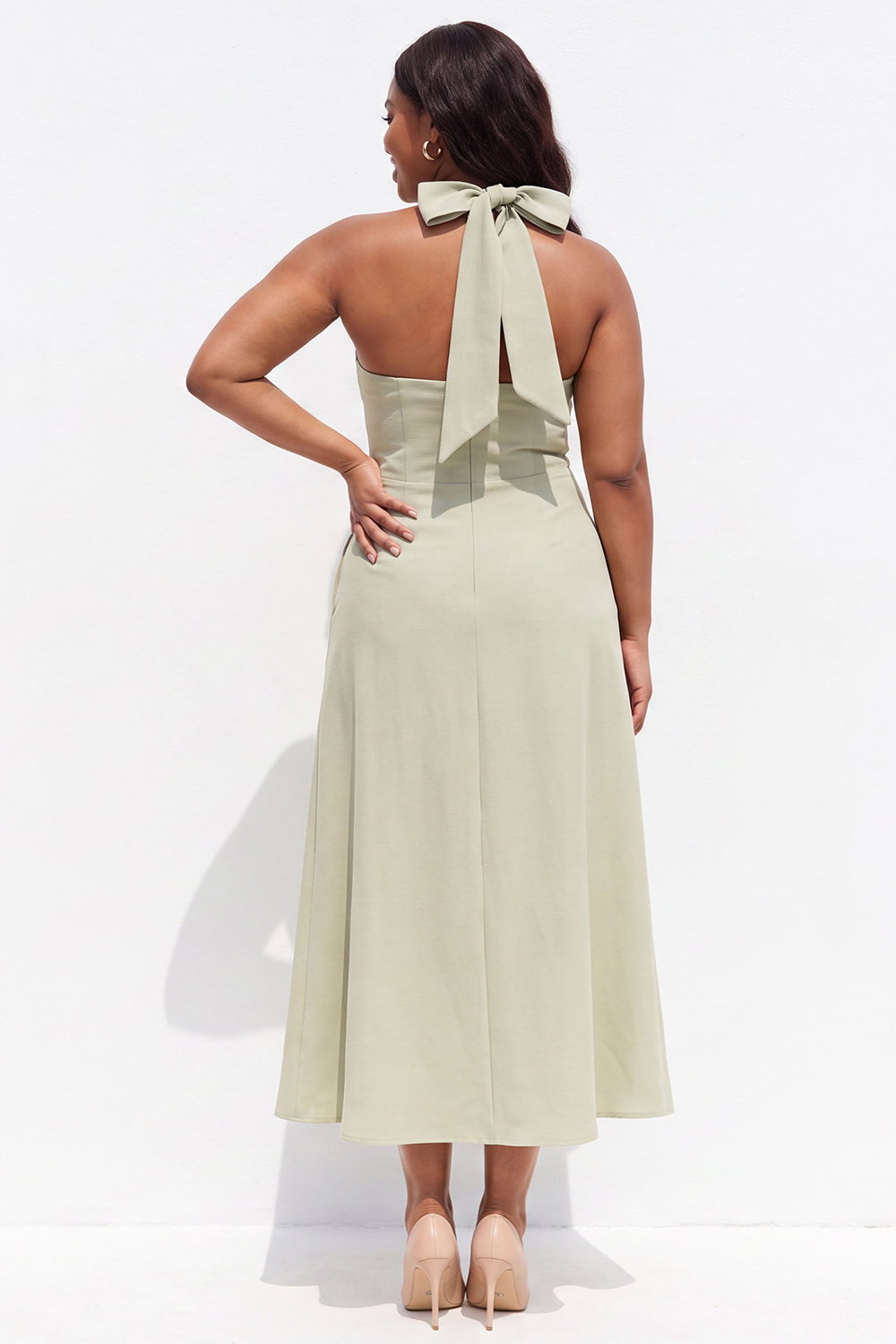 Light Blue A-Line Halter Midi Plus Size Bridesmaid Dress