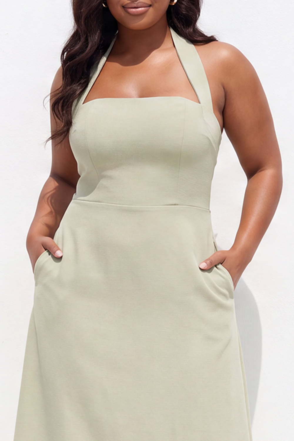 Light Blue A-Line Halter Midi Plus Size Bridesmaid Dress