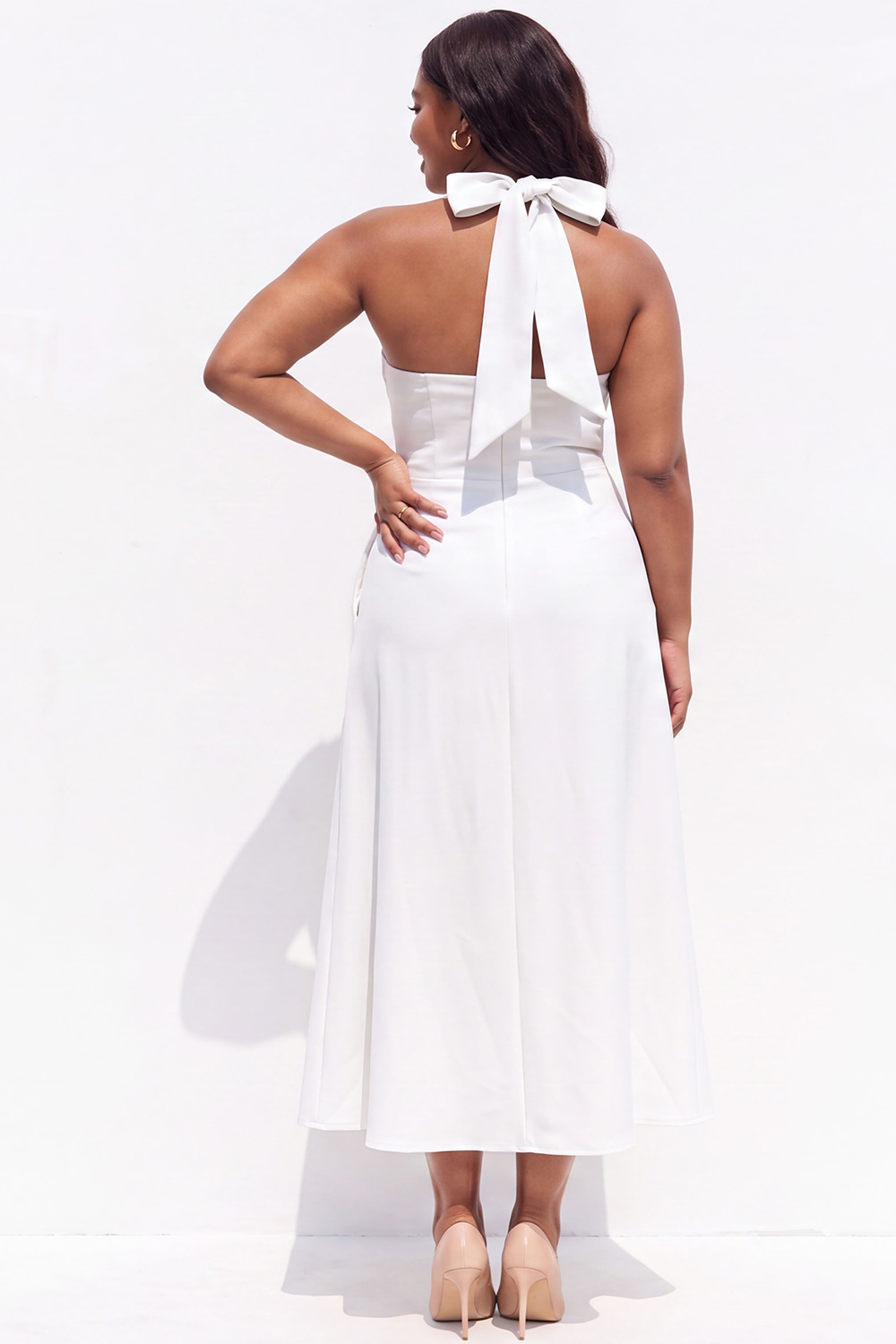 Light Blue A-Line Halter Midi Plus Size Bridesmaid Dress