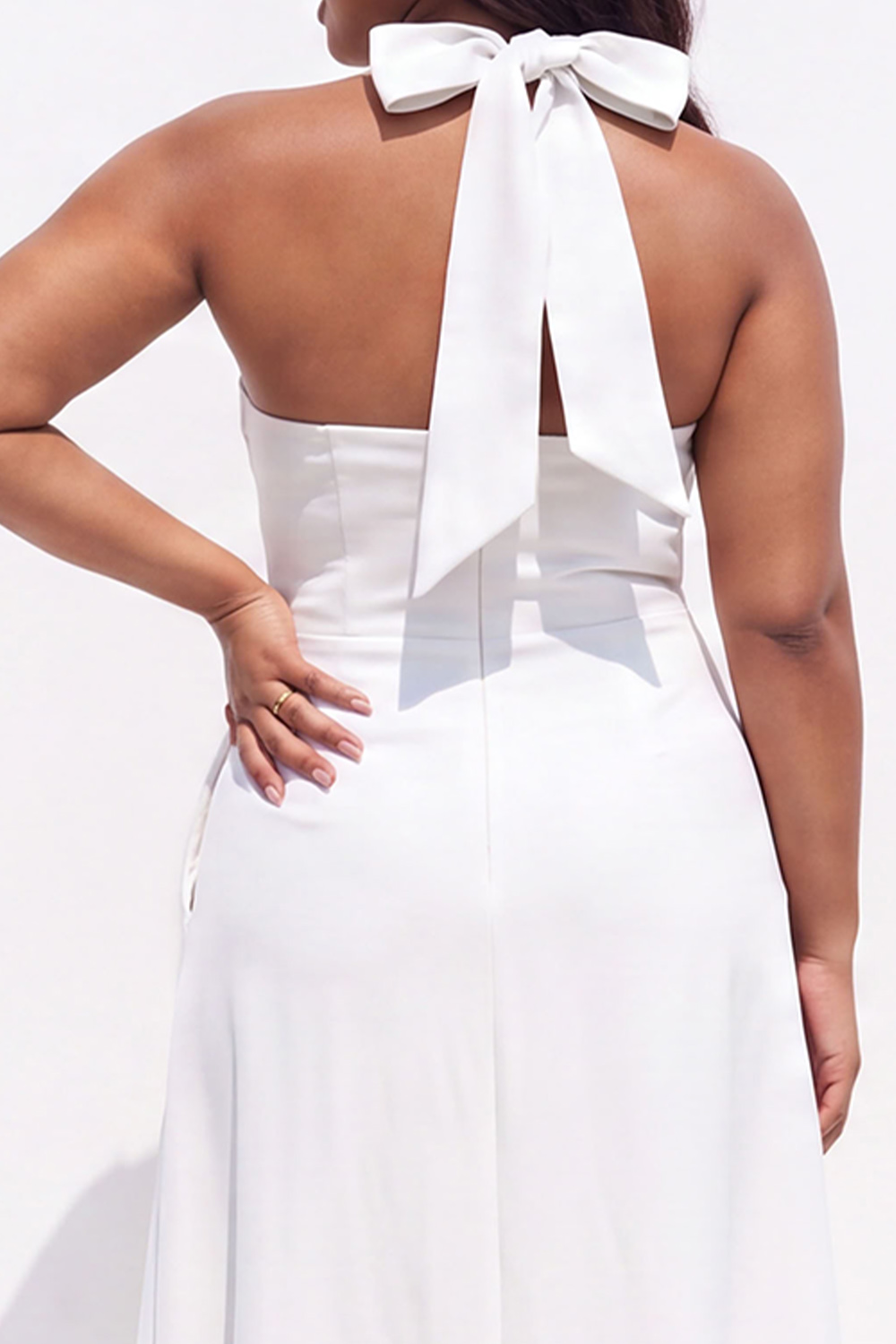 Light Blue A-Line Halter Midi Plus Size Bridesmaid Dress