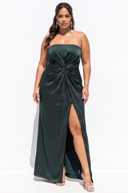 Dressself Women Emerald Long Formal Dress Plus Size Satin Mermaid Strapless Sleeveless Ruched Evening Dress with Side Slit
