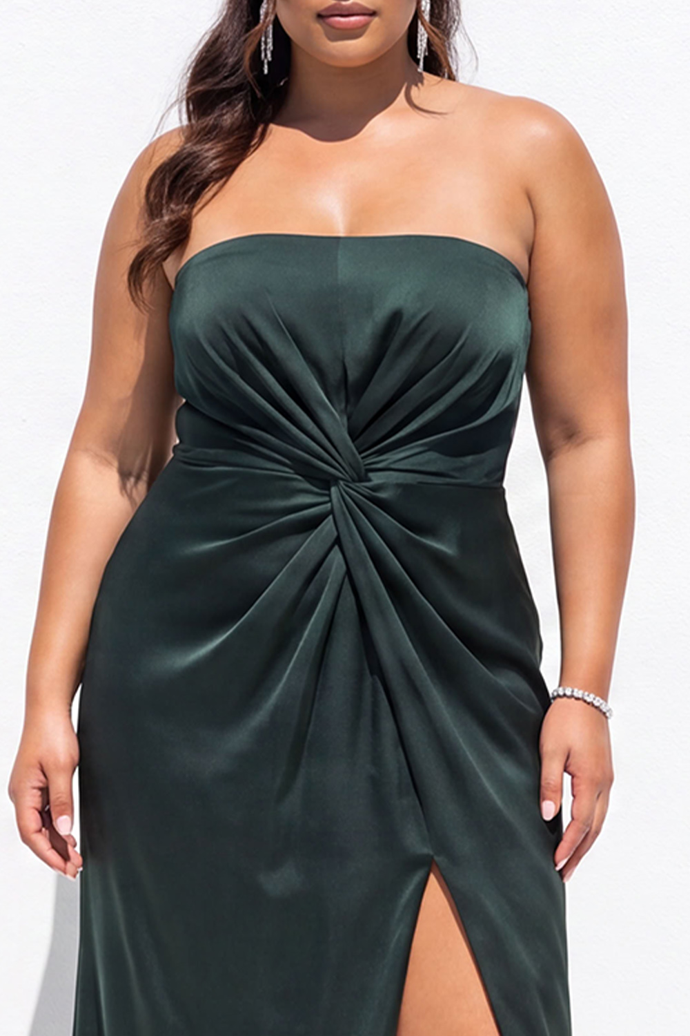 Emerald Strapless Ruched Maxi Plus Size Formal Dress with Side Slit