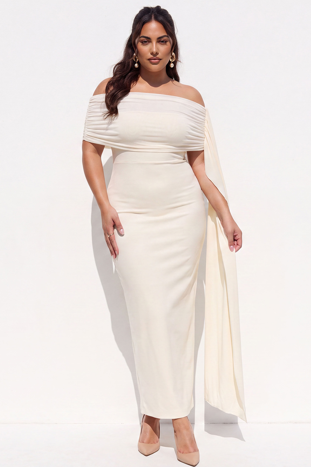Dressself Women Ivory Maxi Formal Dress Plus Size Pencil Off the Shoulder Ruched Evening Dress