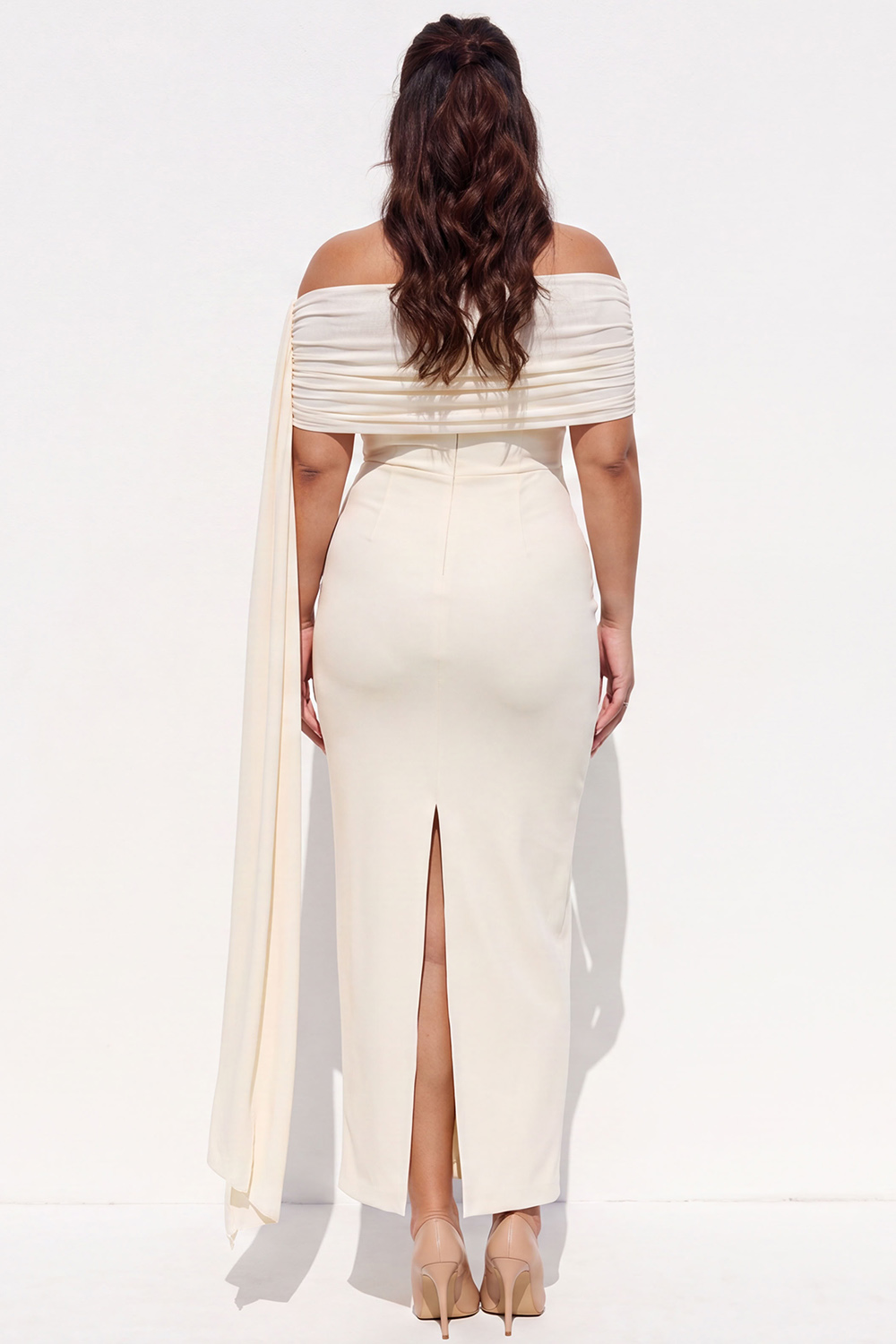 Ivory Plus Size Pencil Off the Shoulder Ruched Maxi Plus Size Formal Dress