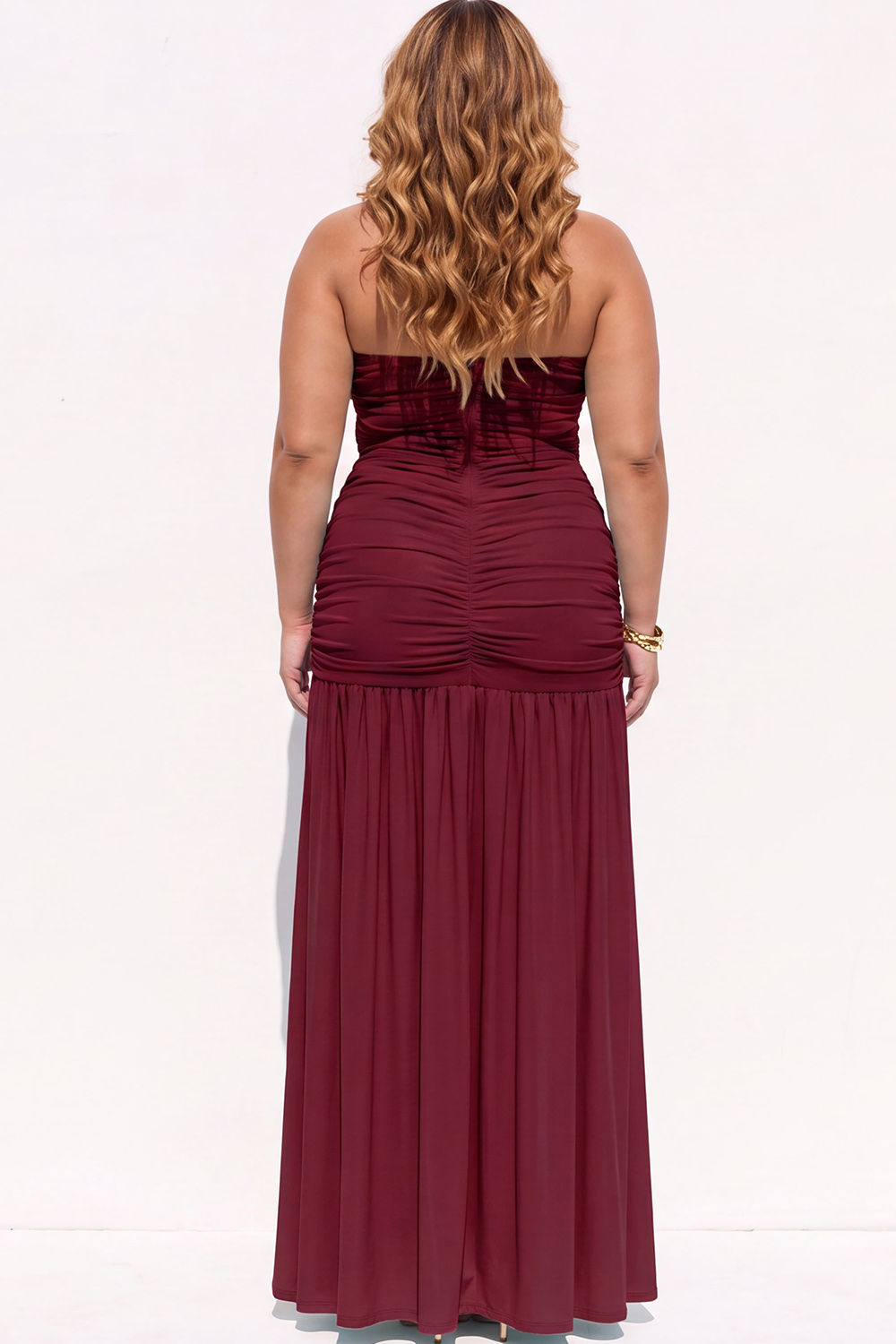 Black Ruched Strapless Maxi Plus Size Formal Dress with Side Slit