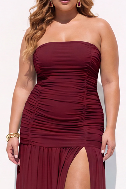 Black Ruched Strapless Maxi Plus Size Formal Dress with Side Slit