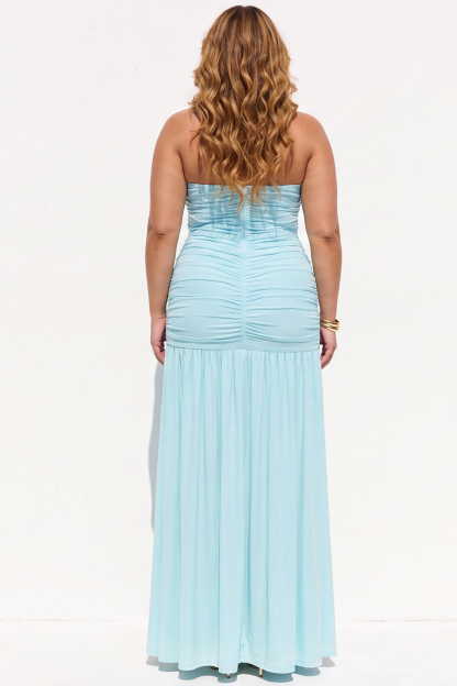 Black Ruched Strapless Maxi Plus Size Formal Dress with Side Slit