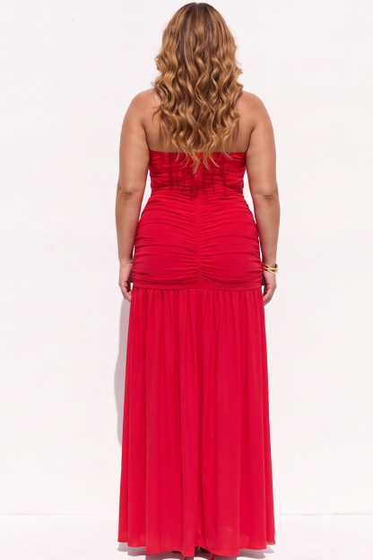 Black Ruched Strapless Maxi Plus Size Formal Dress with Side Slit