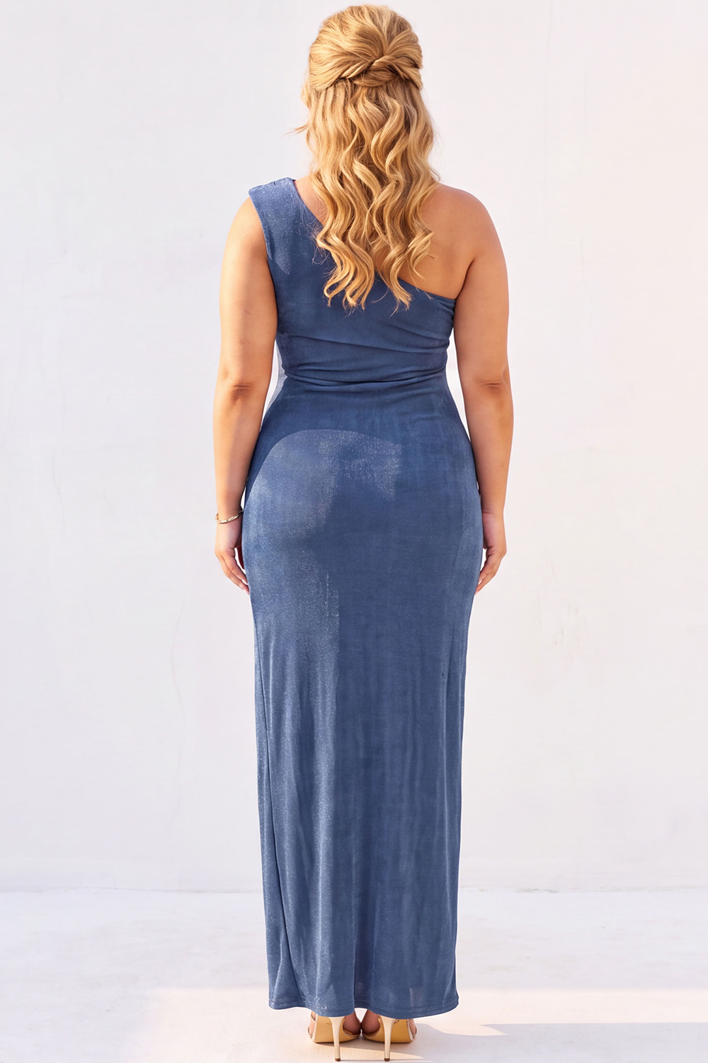 Plus Size One Shoulder Dusty Blue Cutout Maxi Dress