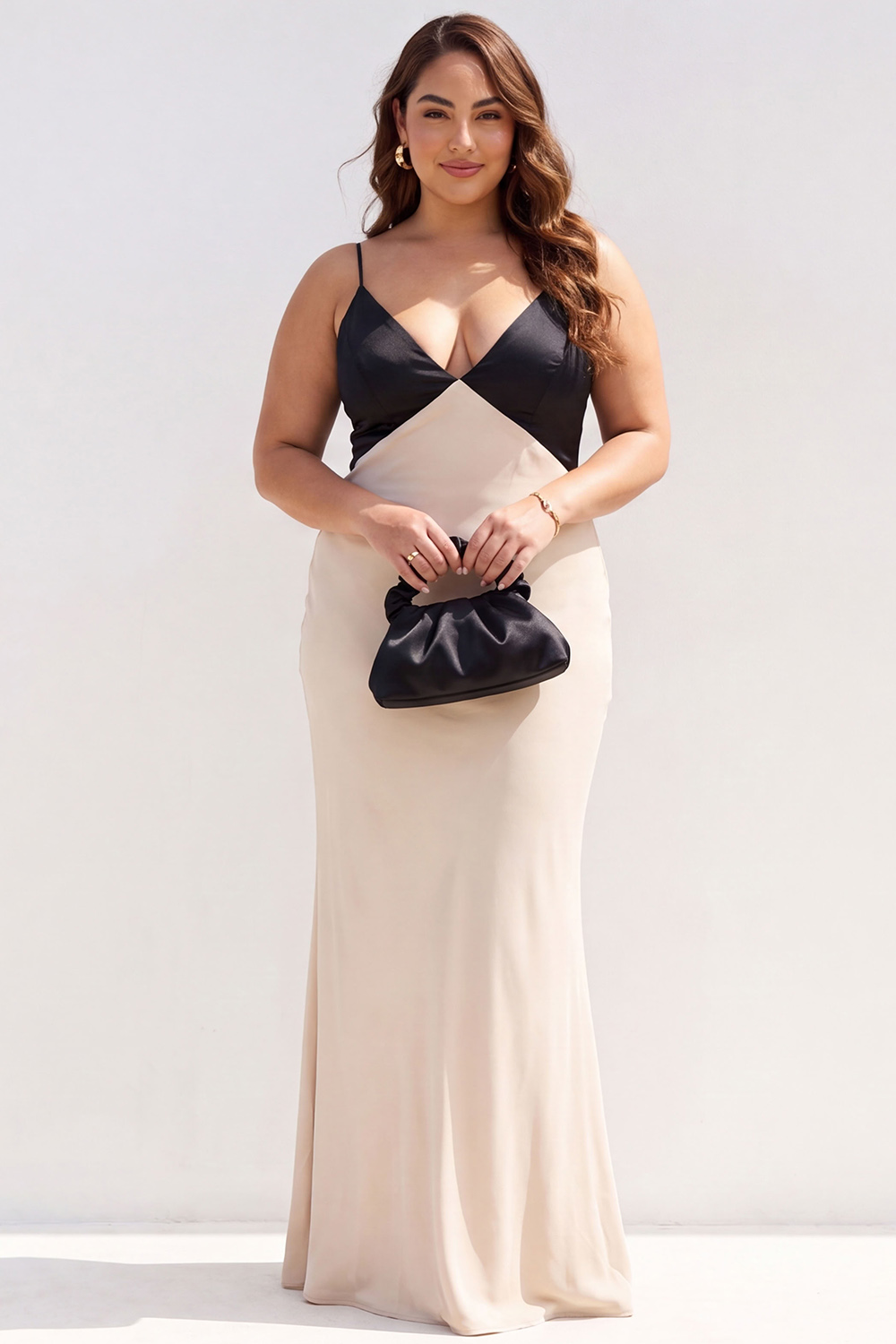 Black Champagne Mermaid V-Neck Maxi Plus Size Formal Dress