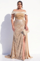 Champagne Sequin Off the Shoulder Plus Size Velvet Formal Dress with Slit