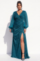 Glitter Peacock Green Plus Size Long Sleeve Formal Dress with Slit