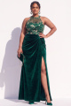 Dark Green Plus Size Halter Sequin Ruched Velvet Formal Dress with Slit
