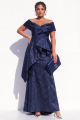 Off the Shoulder Navy Brocade Ruffle Plus Size Formal Dress