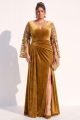Plus Size Golden Velvet Sequin Long Sleeve Formal Dress with Slit