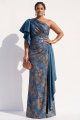 One Shoulder Peacock Blue Jacquard Ruched Plus Size Formal Dress with Slit