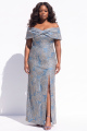 Plus Size Dark Blue Off the Shoulder Floral Jacquard Sheath Formal Dress with Slit