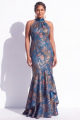 Peacock Blue Plus Size Halter Mermaid Ruffle Jacquard Formal Dress with Bow