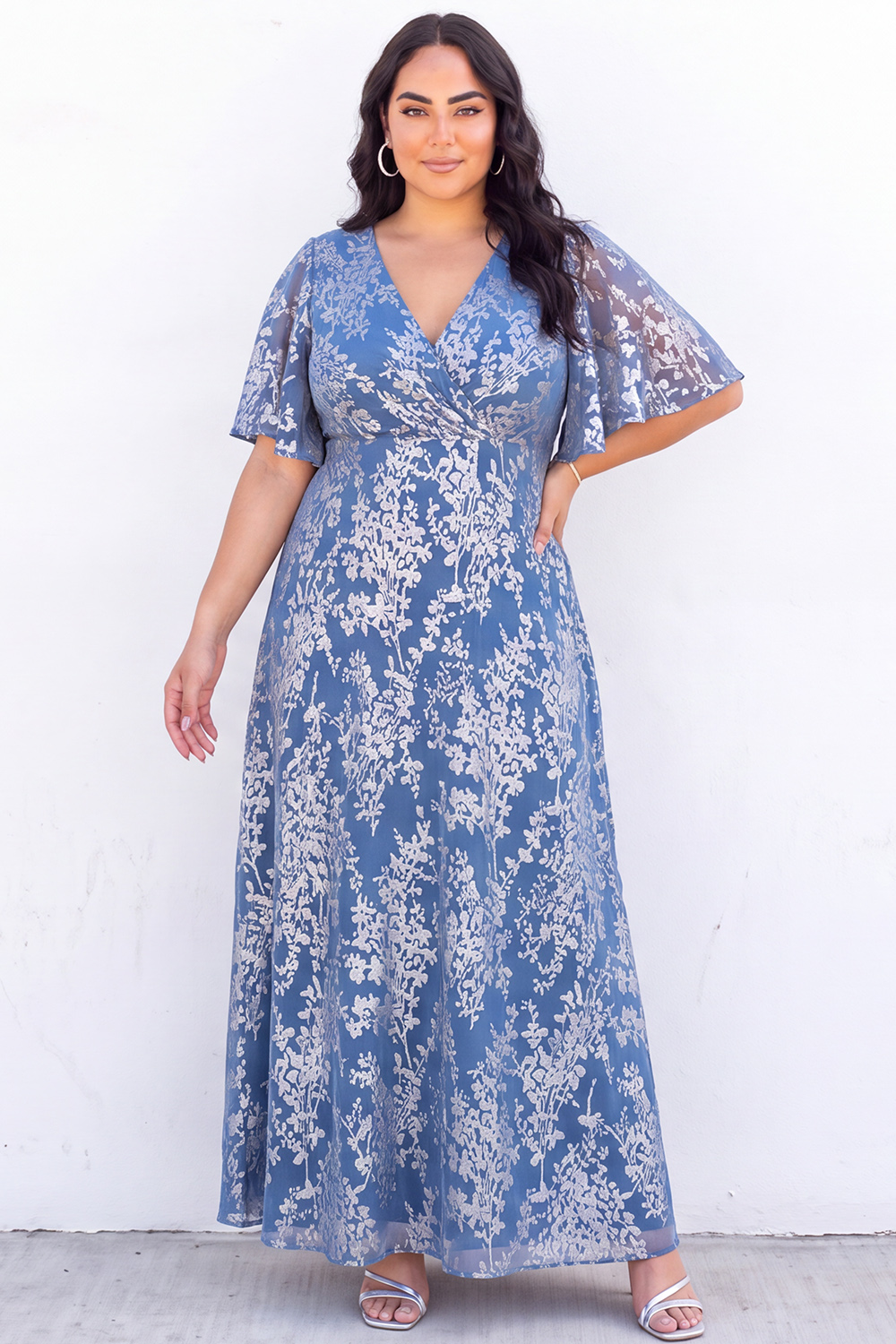 Blue Floral A Line V Neck Mother of the Bride Dress with Short Sleeves