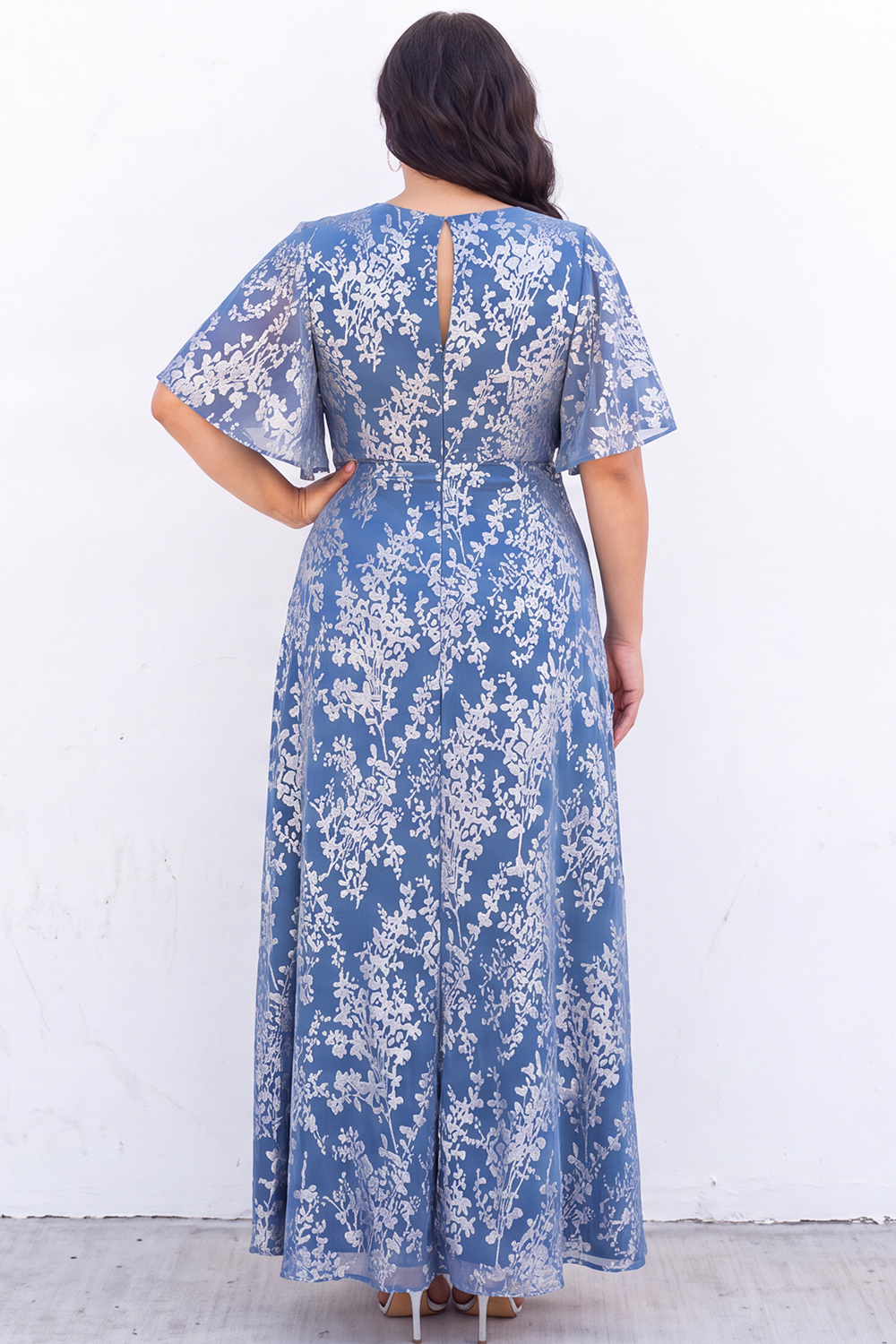 Blue Floral A Line V Neck Mother of the Bride Dress with Short Sleeves