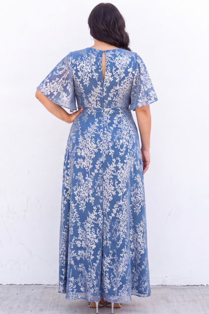 Blue Floral A Line V Neck Mother of the Bride Dress with Short Sleeves