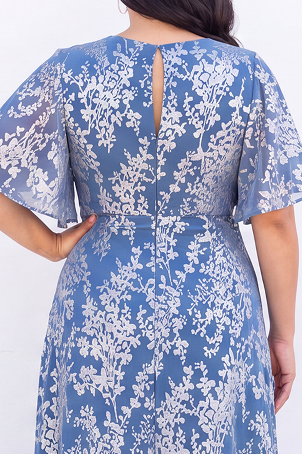 Blue Floral A Line V Neck Mother of the Bride Dress with Short Sleeves