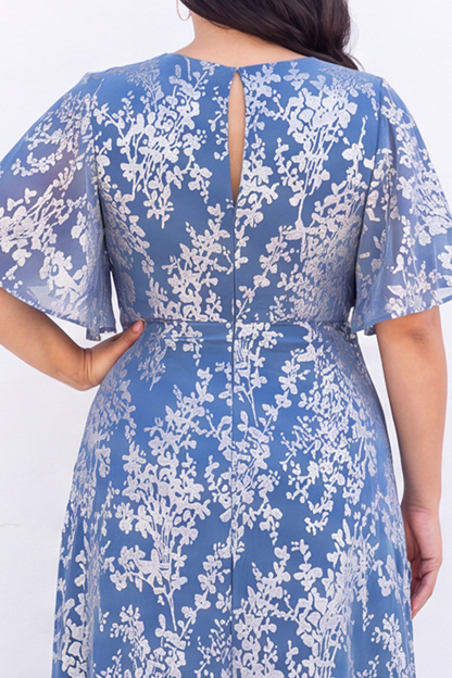 Blue Floral A Line V Neck Mother of the Bride Dress with Short Sleeves
