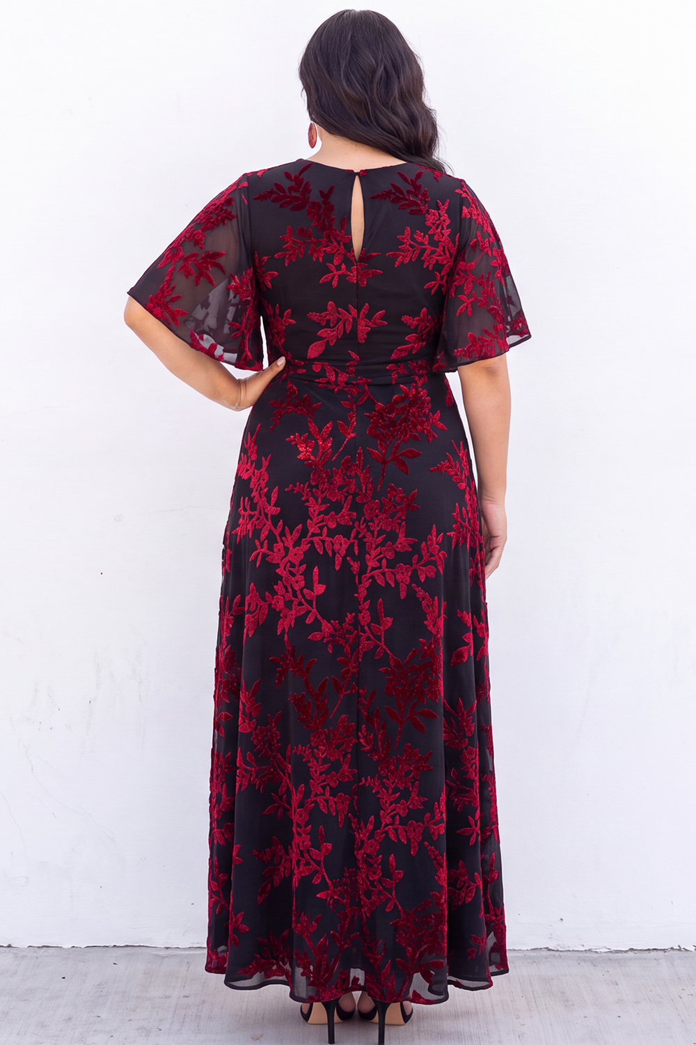 Blue Floral A Line V Neck Mother of the Bride Dress with Short Sleeves