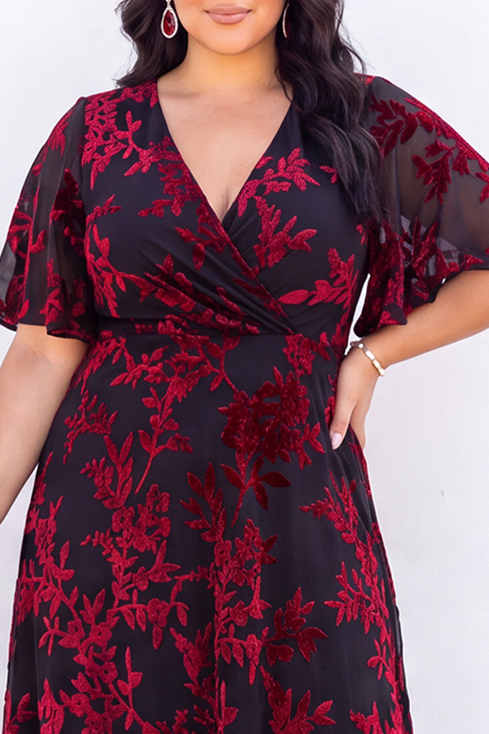 Blue Floral A Line V Neck Mother of the Bride Dress with Short Sleeves