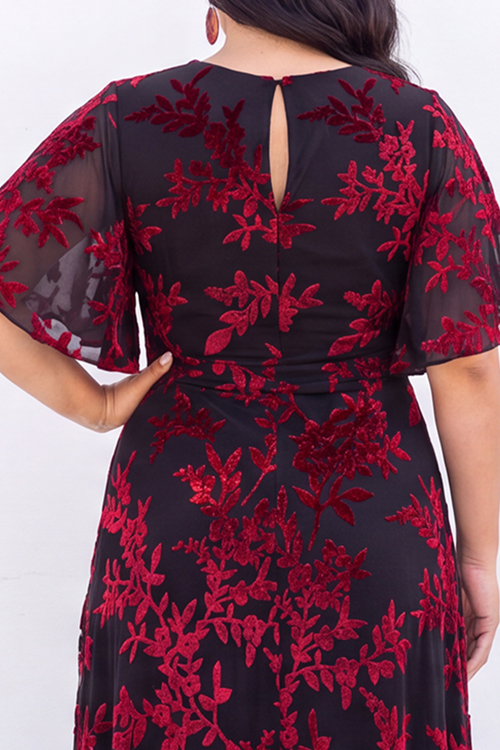 Blue Floral A Line V Neck Mother of the Bride Dress with Short Sleeves
