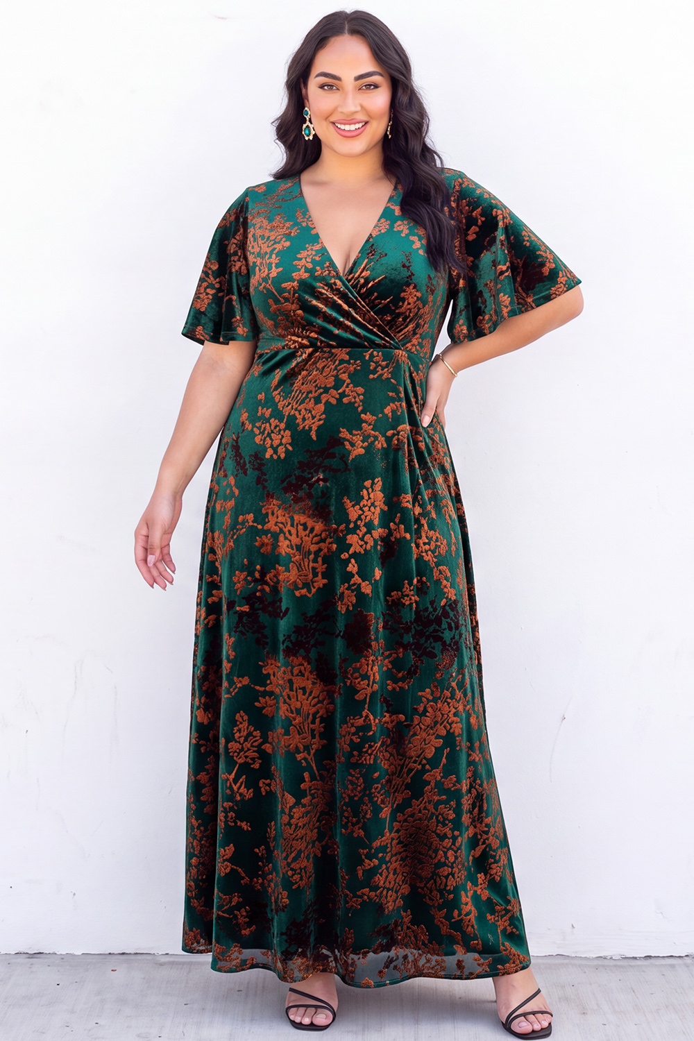 Blue Floral A Line V Neck Mother of the Bride Dress with Short Sleeves