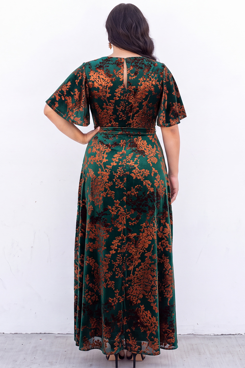 Blue Floral A Line V Neck Mother of the Bride Dress with Short Sleeves