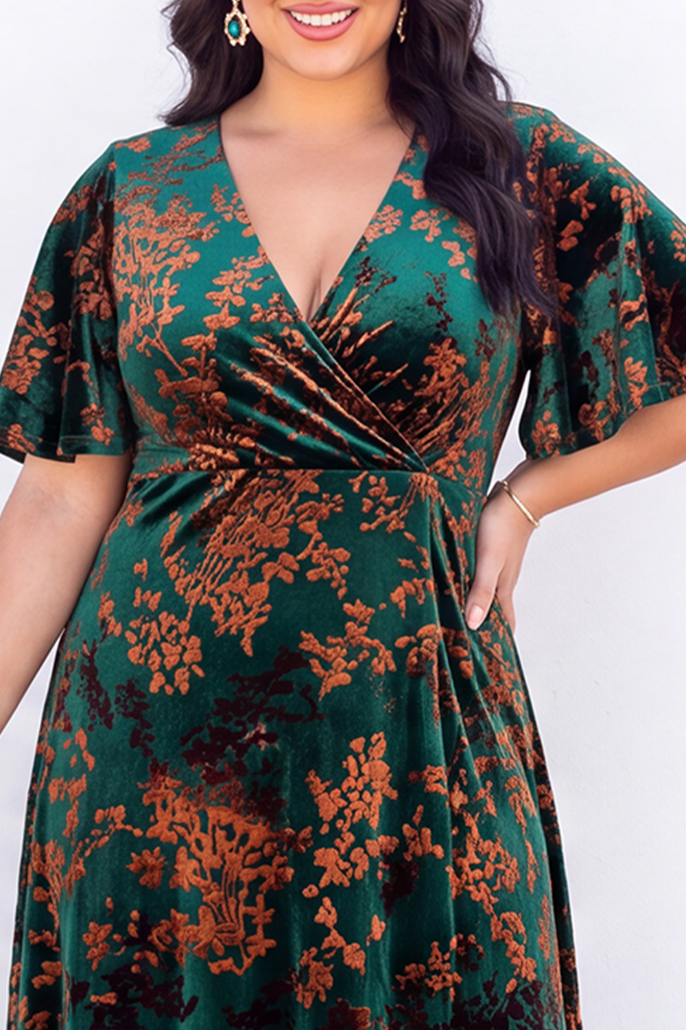 Blue Floral A Line V Neck Mother of the Bride Dress with Short Sleeves