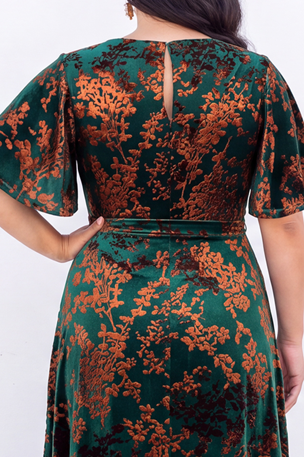 Blue Floral A Line V Neck Mother of the Bride Dress with Short Sleeves