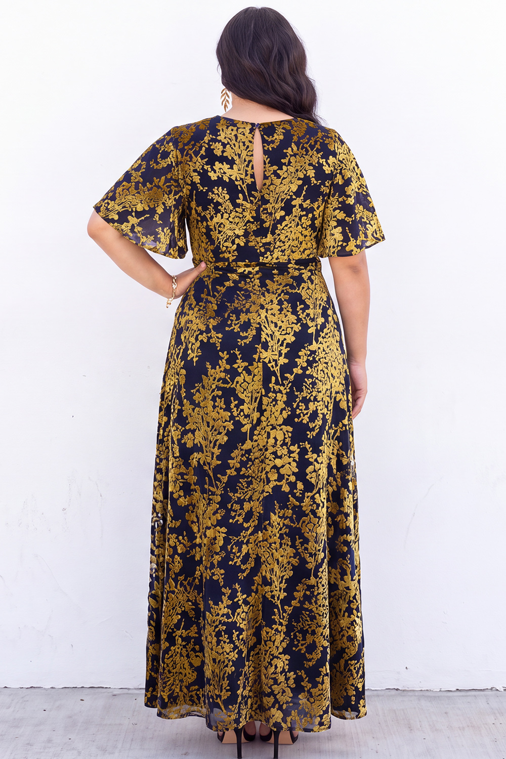 Blue Floral A Line V Neck Mother of the Bride Dress with Short Sleeves