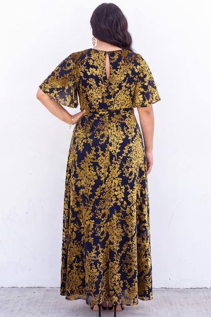 Blue Floral A Line V Neck Mother of the Bride Dress with Short Sleeves