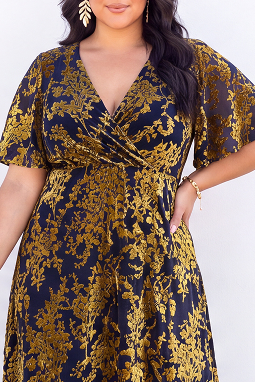 Blue Floral A Line V Neck Mother of the Bride Dress with Short Sleeves
