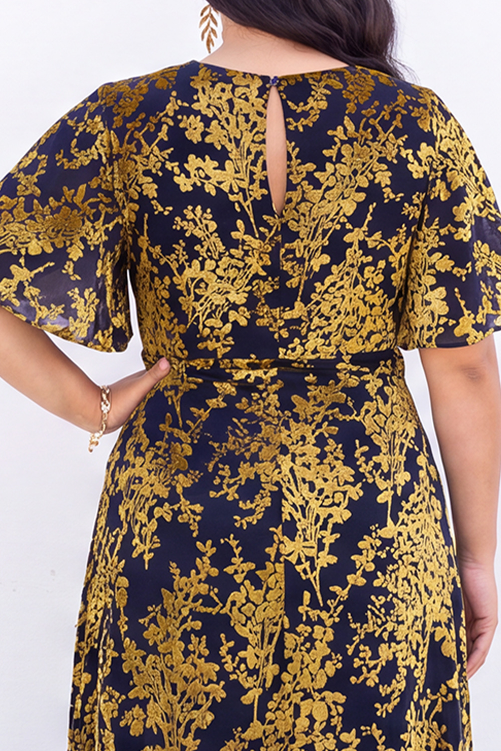 Blue Floral A Line V Neck Mother of the Bride Dress with Short Sleeves